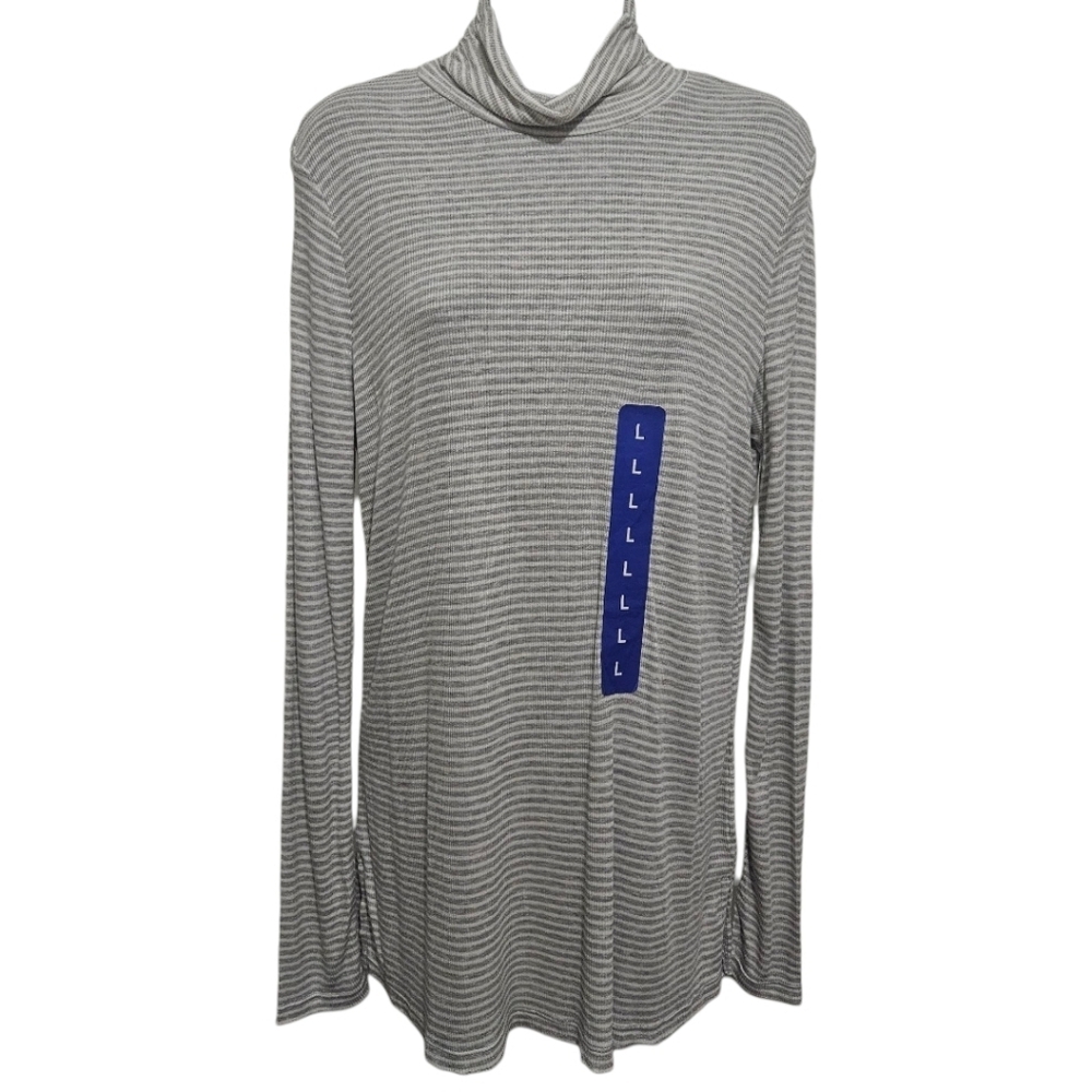 NWT Jones New York Ribbed Striped Turtleneck Split Hem Long Sleeve Top